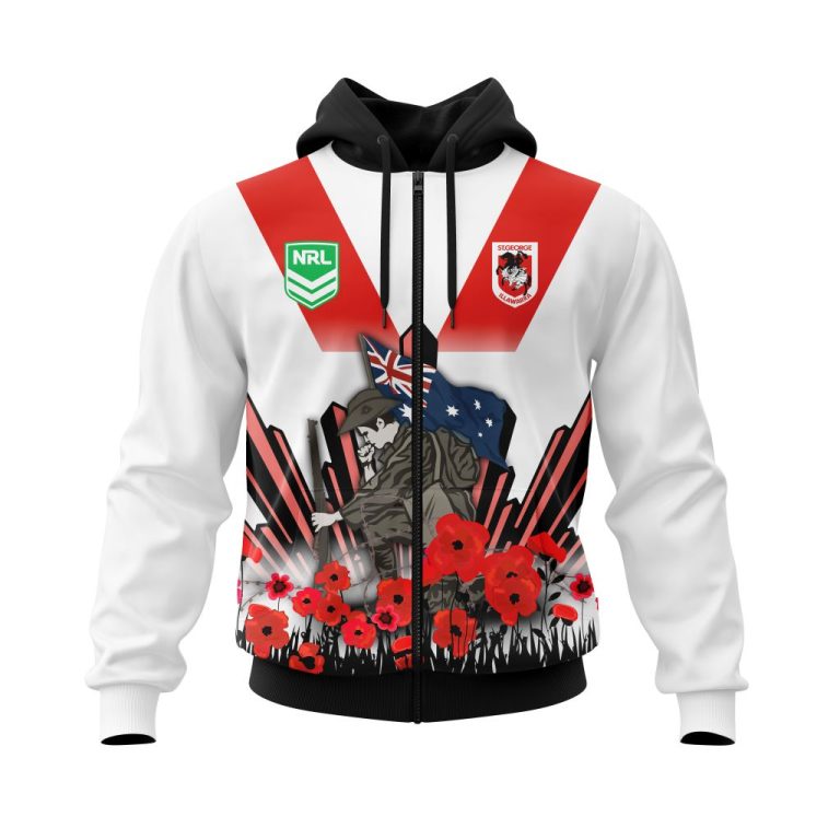Nrl St George Illawarra Dragons Custom Name Number Anzac Day Zip Up Hoodie