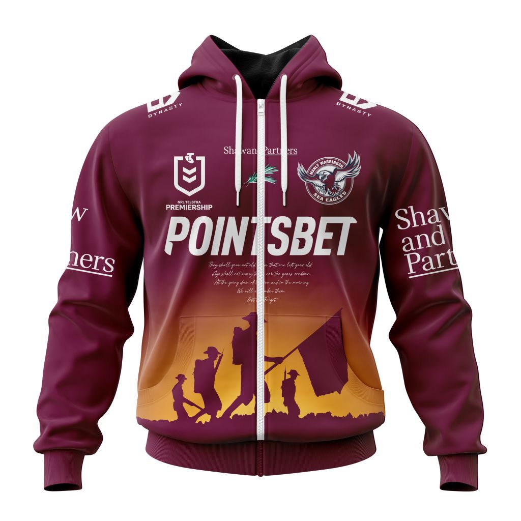 Nrl Manly Warringah Sea Eagles Custom Name Number Anzac Day Jersey Zip Up Hoodie