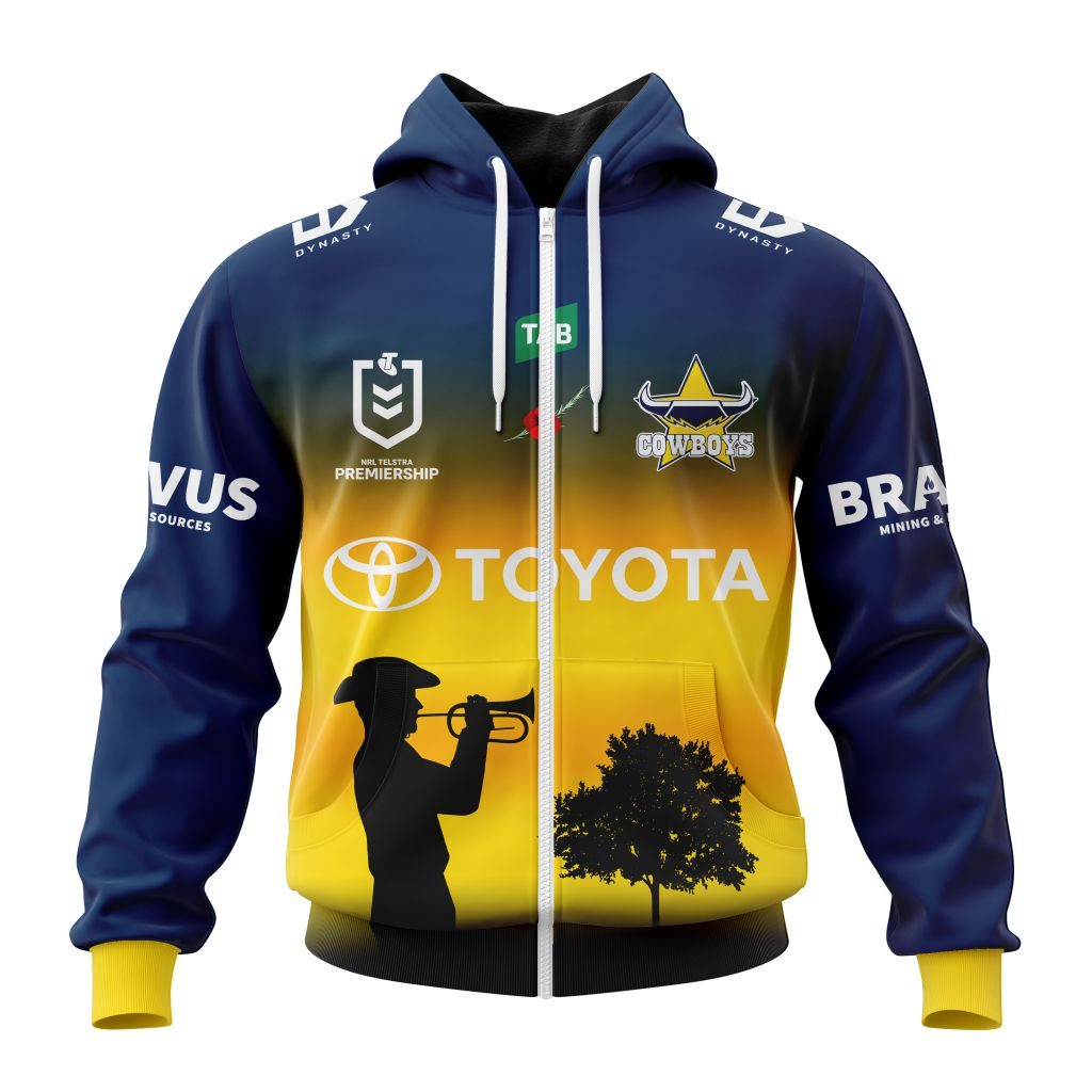 Nrl North Queensland Cowboys Custom Name Number Anzac Day Jersey Zip Up Hoodie
