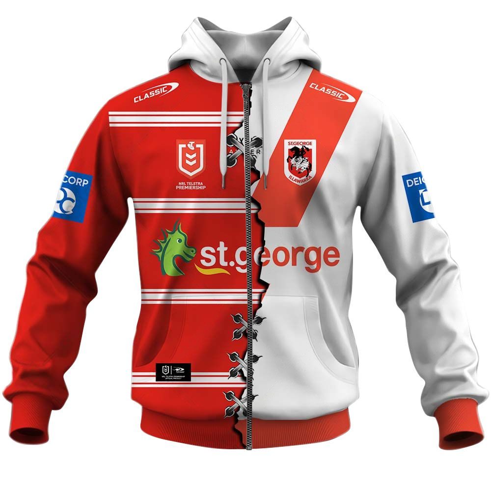 Nrl St George Illawarra Dragons Custom Name Number Mix Jersey Edition Zip Up Hoodie