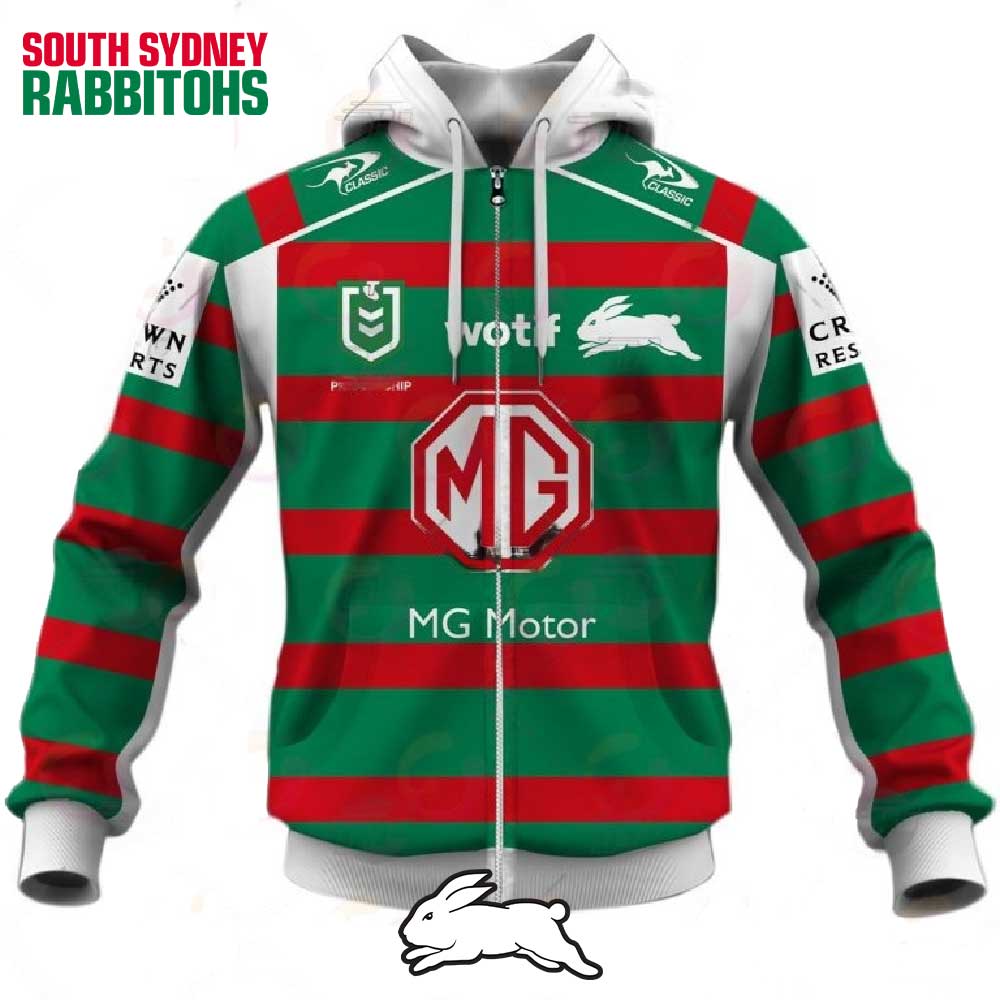 Nrl South Sydney Rabbitohs Custom Name Number Away Jersey Full Zip Up Hoodie