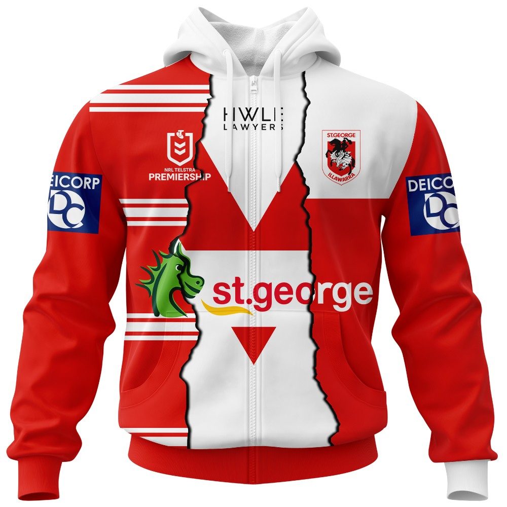 Nrl St George Illawarra Dragons Custom Name Number Mix Jersey Zip Up Hoodie