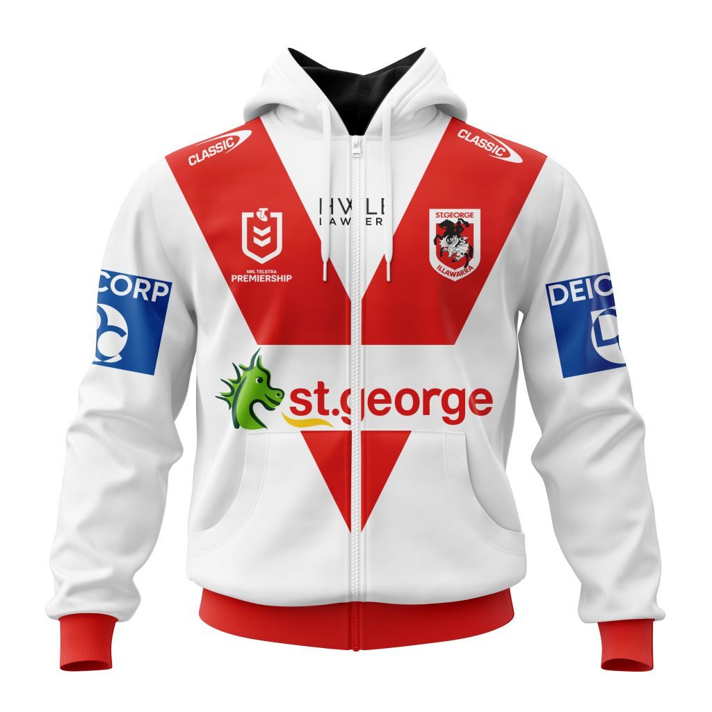 Nrl St George Illawarra Dragons Custom Name Number Home Jersey Zip Up Hoodie