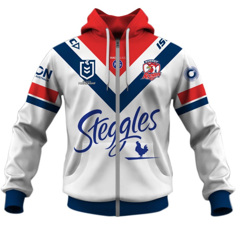 Nrl Sydney Roosters Custom Name Number Away Jersey Zip Up Hoodie For Sport Fans