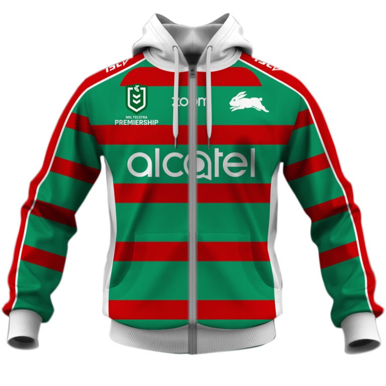 Nrl South Sydney Rabbitohs Custom Name Number Away Jersey Full Zip Up Hoodie For Fans