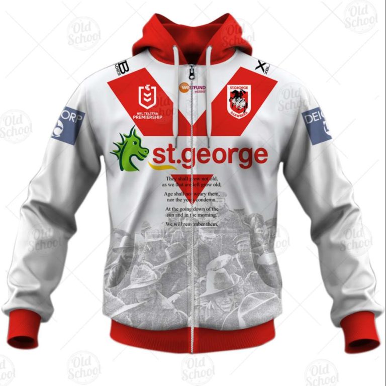 Nrl St George Illawarra Dragons Custom Name Number Anzac Day Jersey Zip Up Hoodie