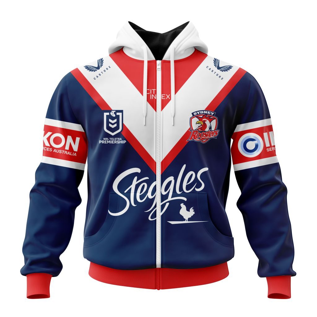 Nrl Sydney Roosters Custom Name Number Home Jersey Full Zip Up Hoodie