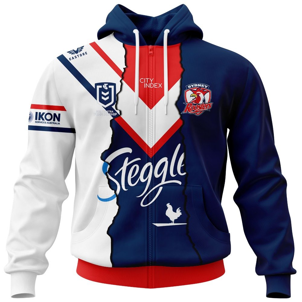 Nrl Sydney Roosters Custom Name Number Mix Jersey Zip Up Hoodie