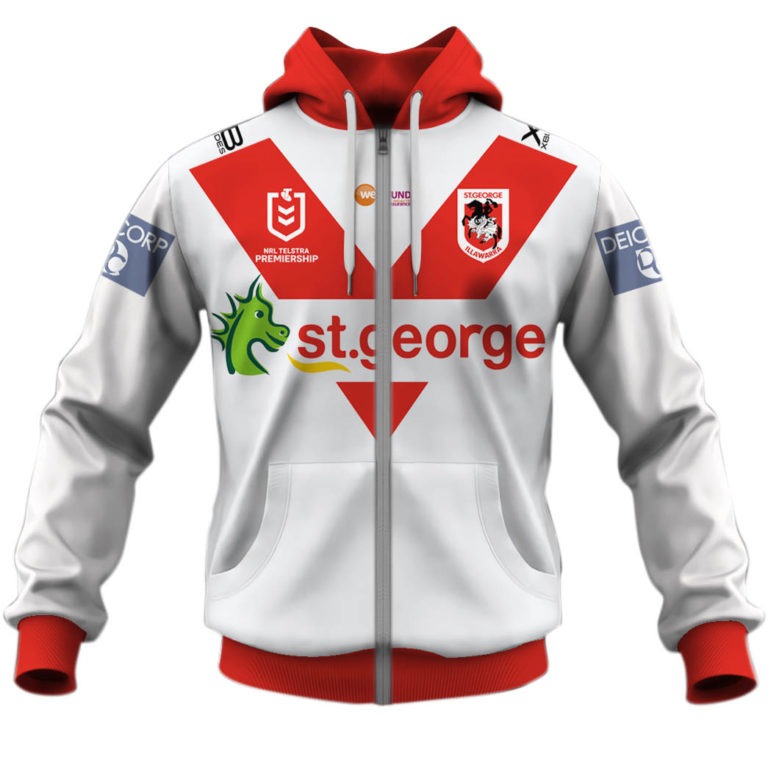 Nrl St George Illawarra Dragons Custom Name Number Home Jersey Full Zip Up Hoodie