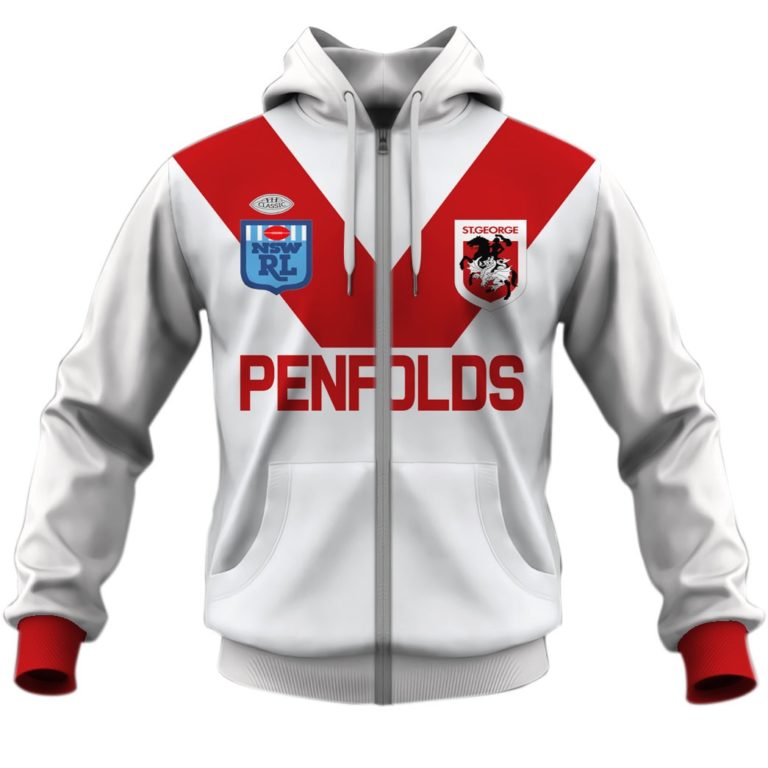 Nrl St George Illawarra Dragons Custom Name Number 1989 Vintage Retro Jersey Zip Up Hoodie