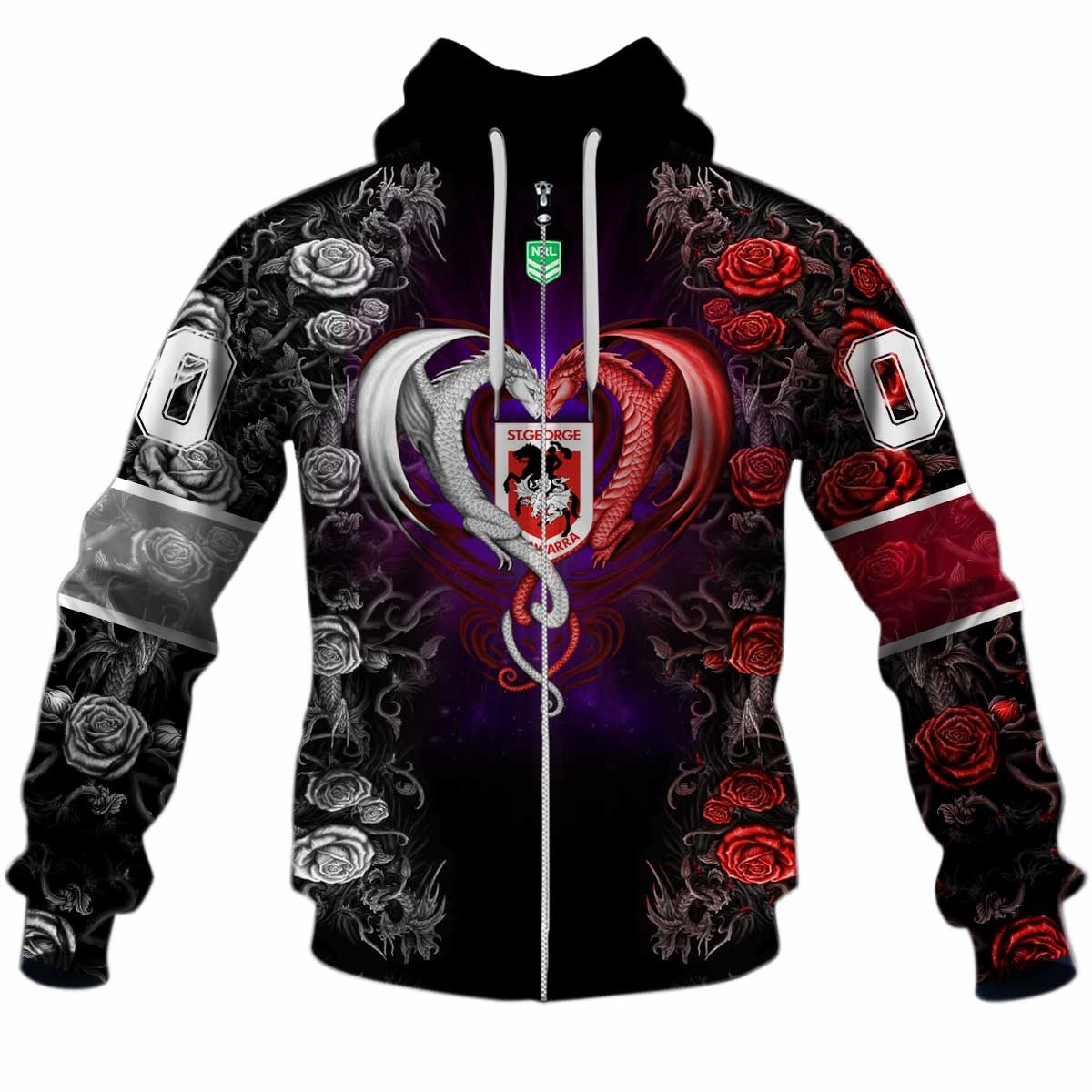 Nrl St George Illawarra Dragons Custom Name Number Rose Dragon Zip Up Hoodie