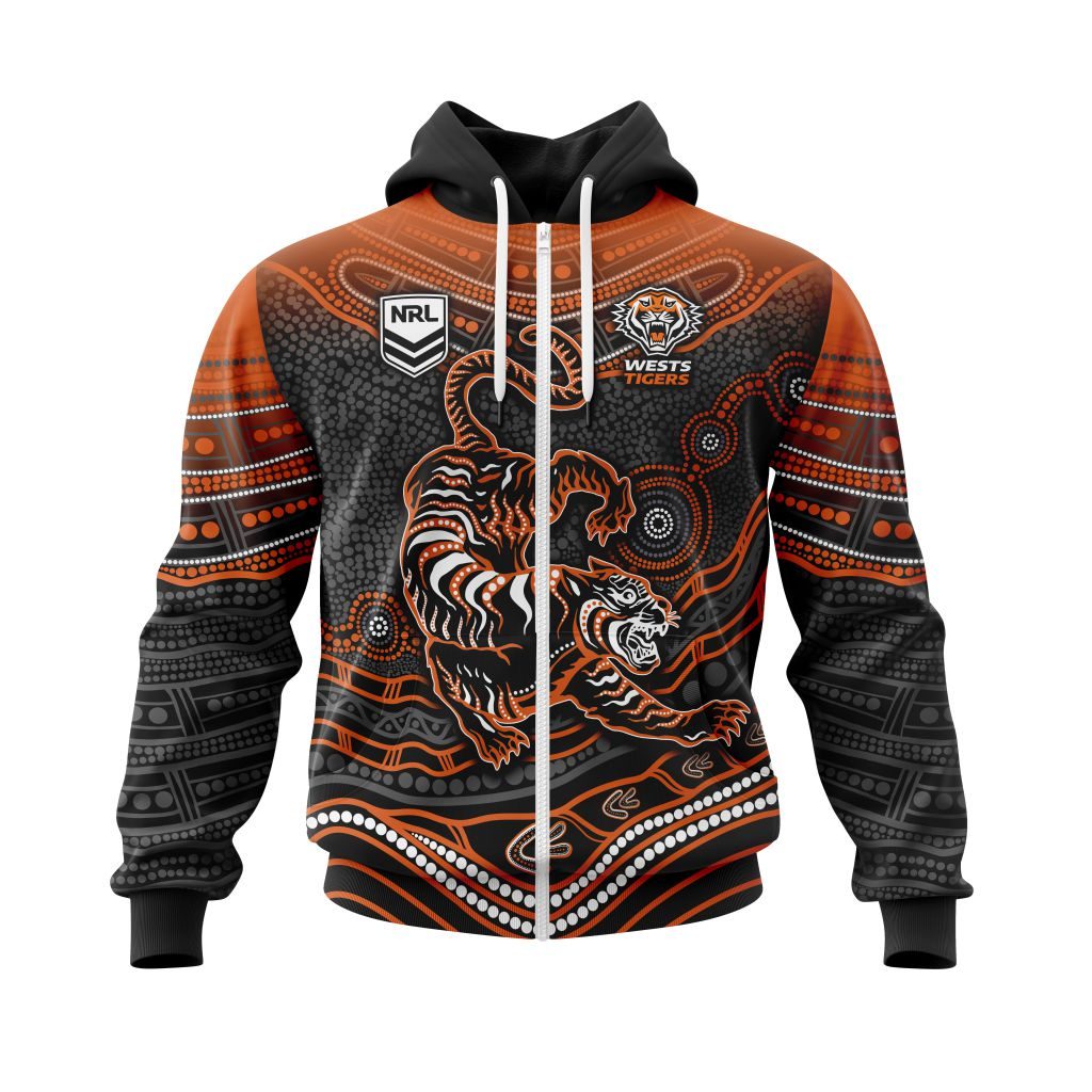 Nrl Wests Tigers Custom Name Number Indigenous Mascot Zip Up Hoodie