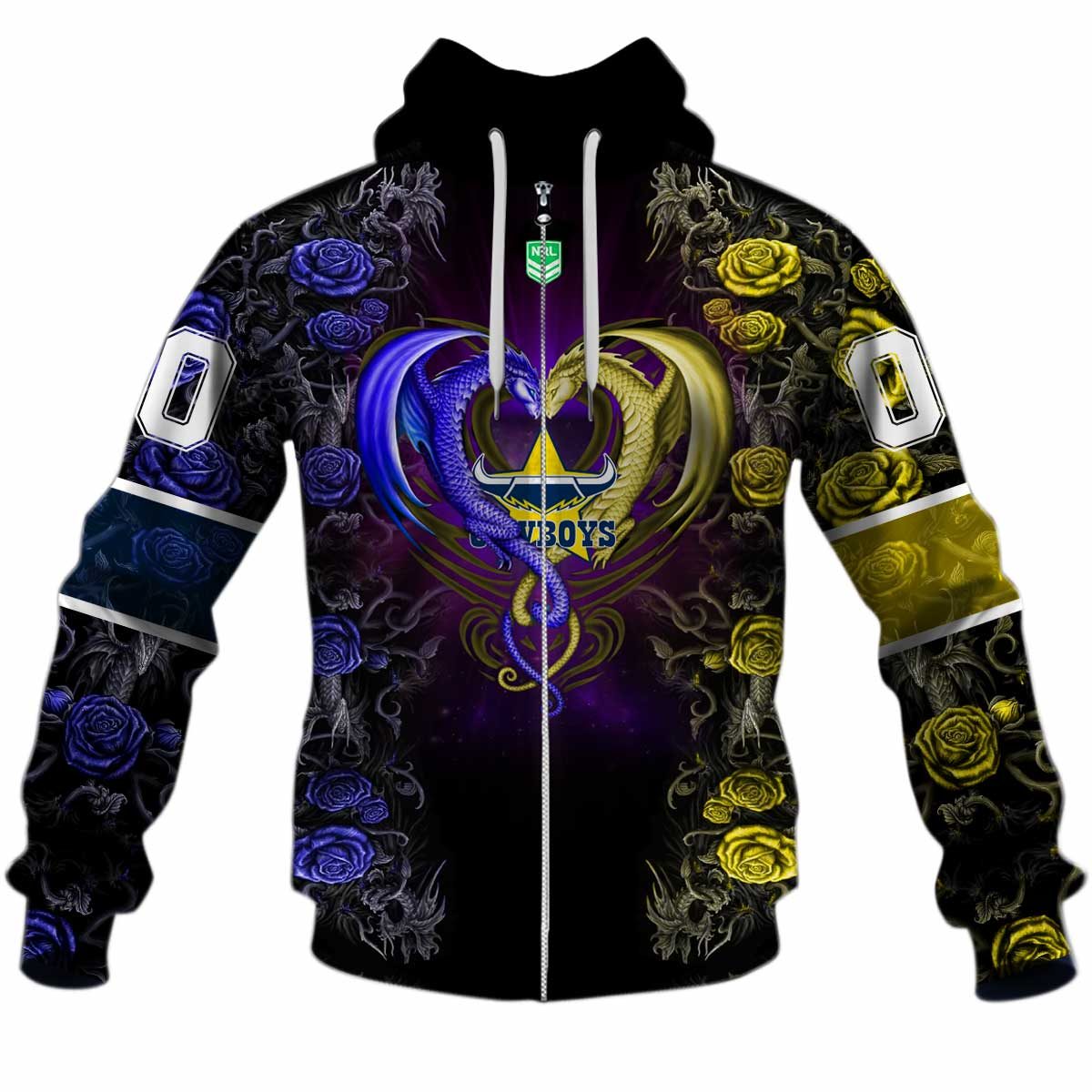 Nrl North Queensland Cowboys Custom Name Number Rose Dragon Zip Up Hoodie