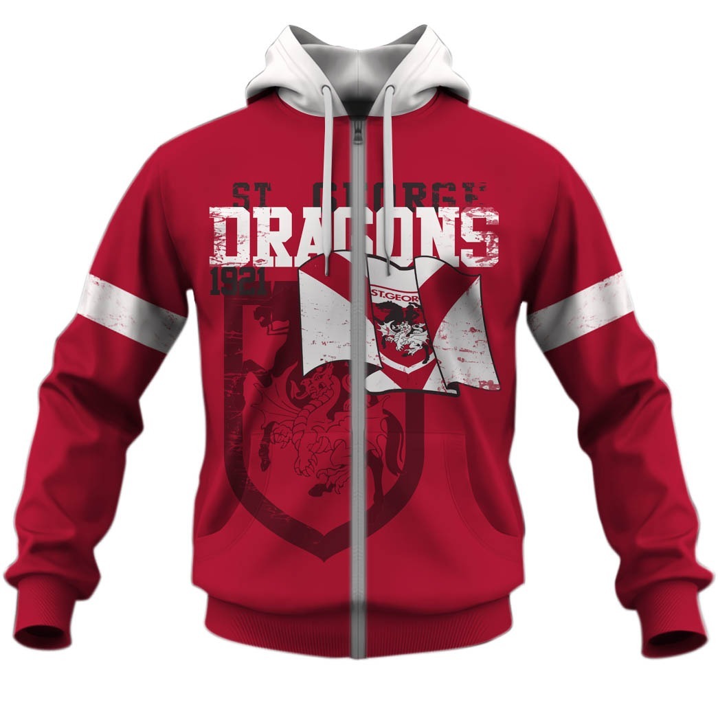 Nrl St George Illawarra Dragons Custom Name Number Retro 1921 Jersey Zip Up Hoodie