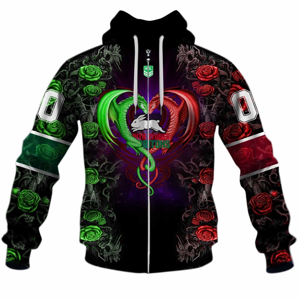 Nrl South Sydney Rabbitohs Custom Name Number Rose Dragon Zip Up Hoodie