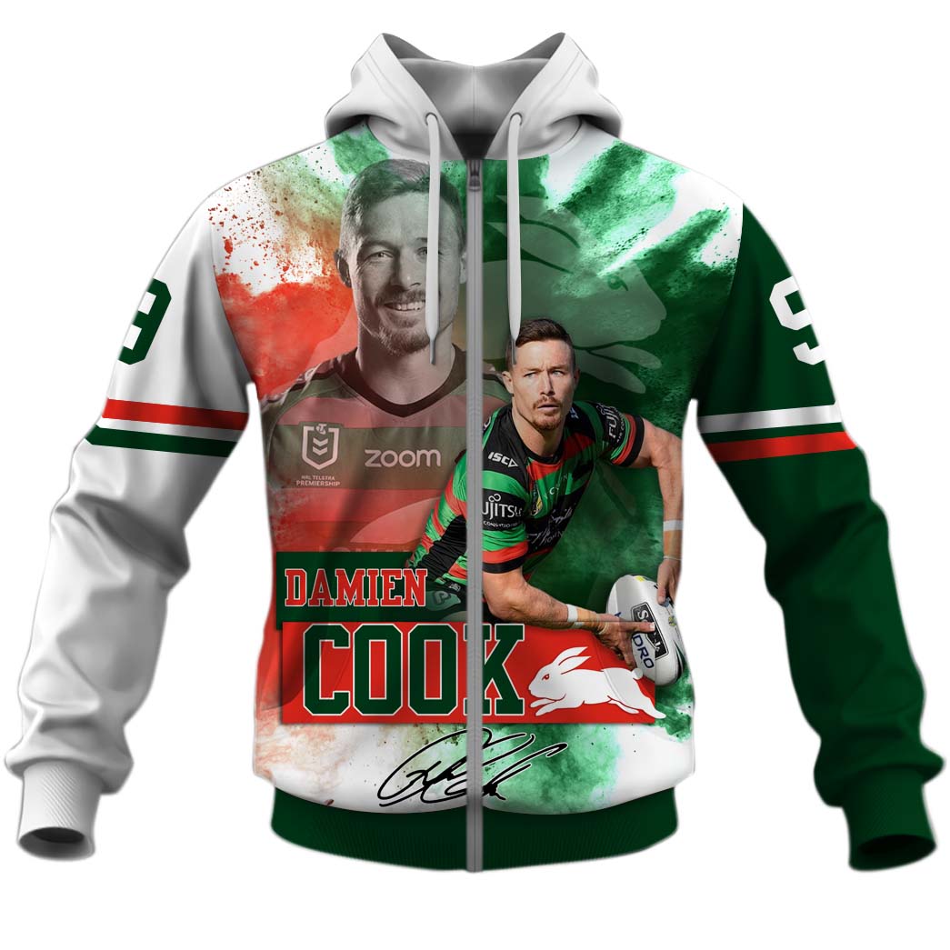 Nrl South Sydney Rabbitohs Damien Cook Zip Up Hoodie Custom Name Number