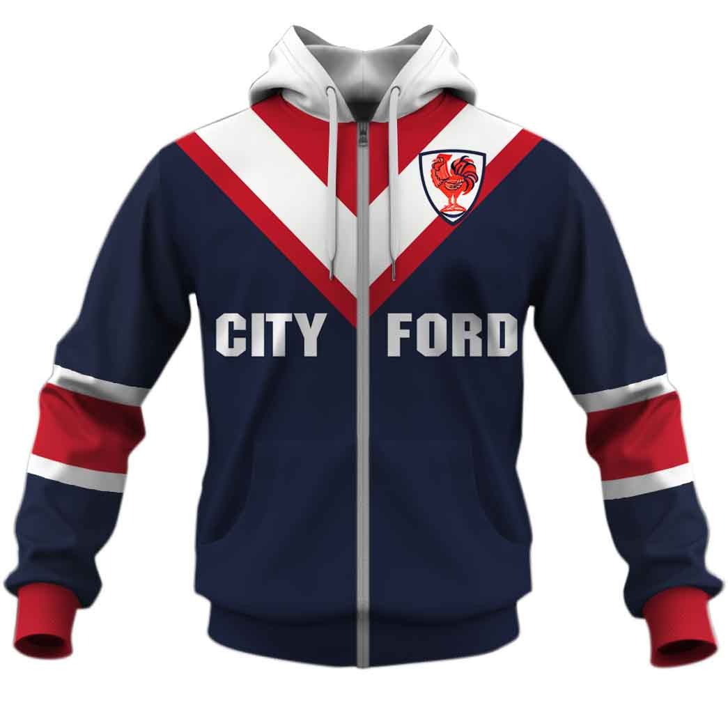 Nrl Sydney Roosters Custom Name Number 1976 Vintage Retro Jersey Zip Up Hoodie