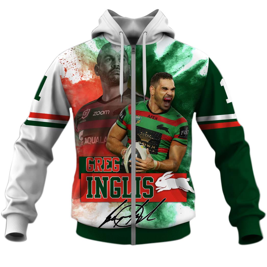 Nrl South Sydney Rabbitohs Greg Inglis Zip Up Hoodie Custom Name Number