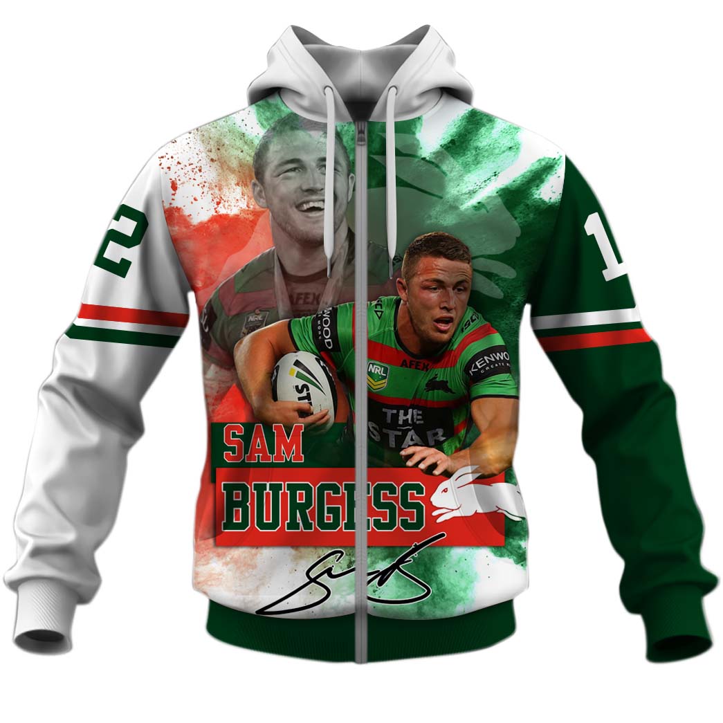 Nrl South Sydney Rabbitohs Sam Burgess Zip Up Hoodie Custom Name Number