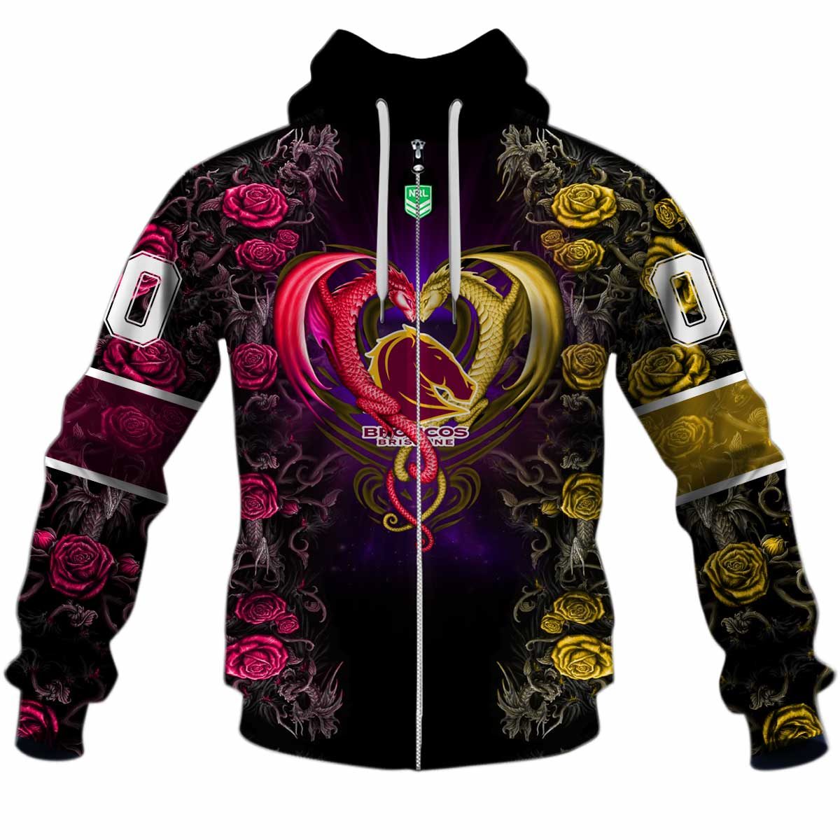 Nrl Brisbane Broncos Custom Name Number Rose Dragon Zip Up Hoodie