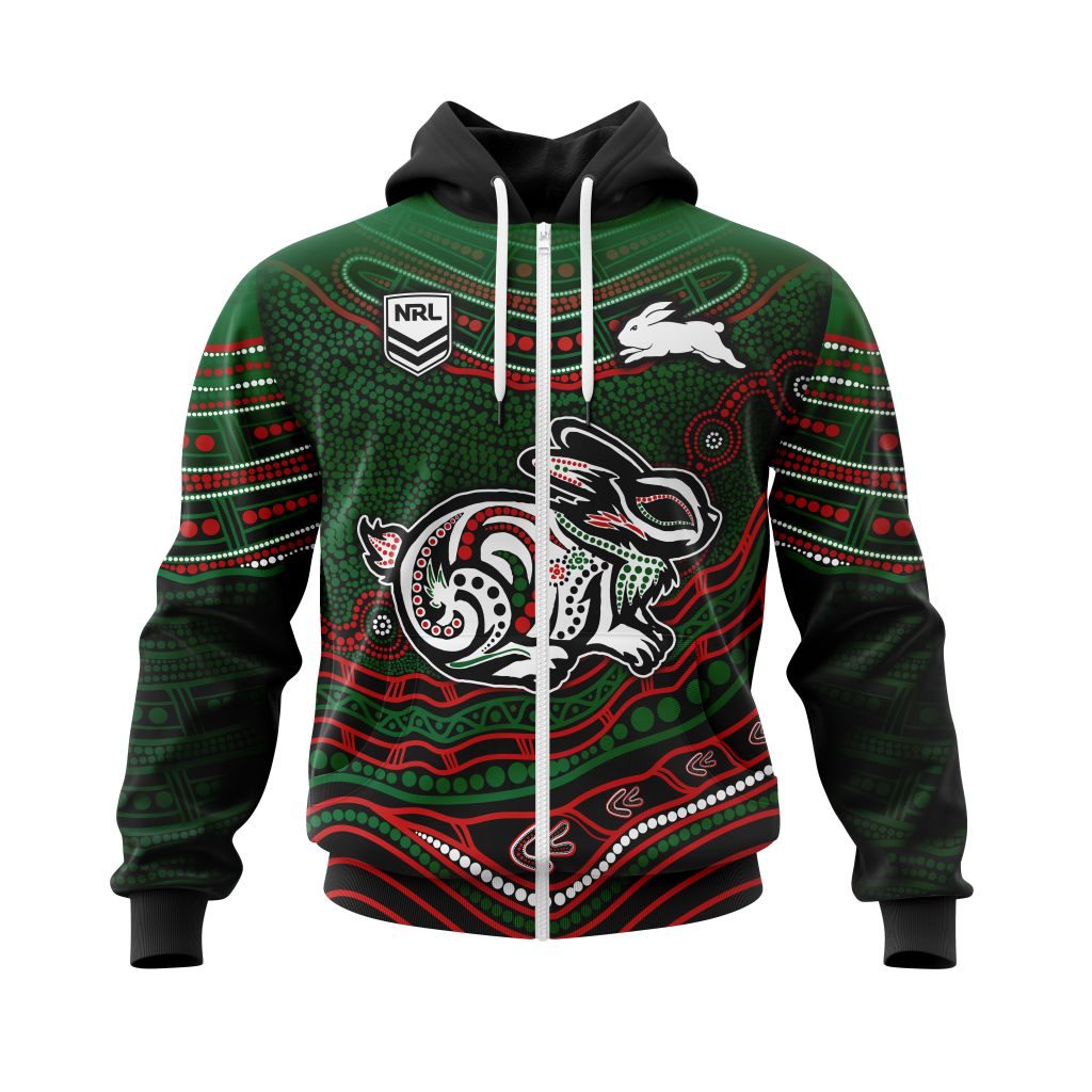 Nrl South Sydney Rabbitohs Custom Name Number Indigenous Mascot Zip Up Hoodie