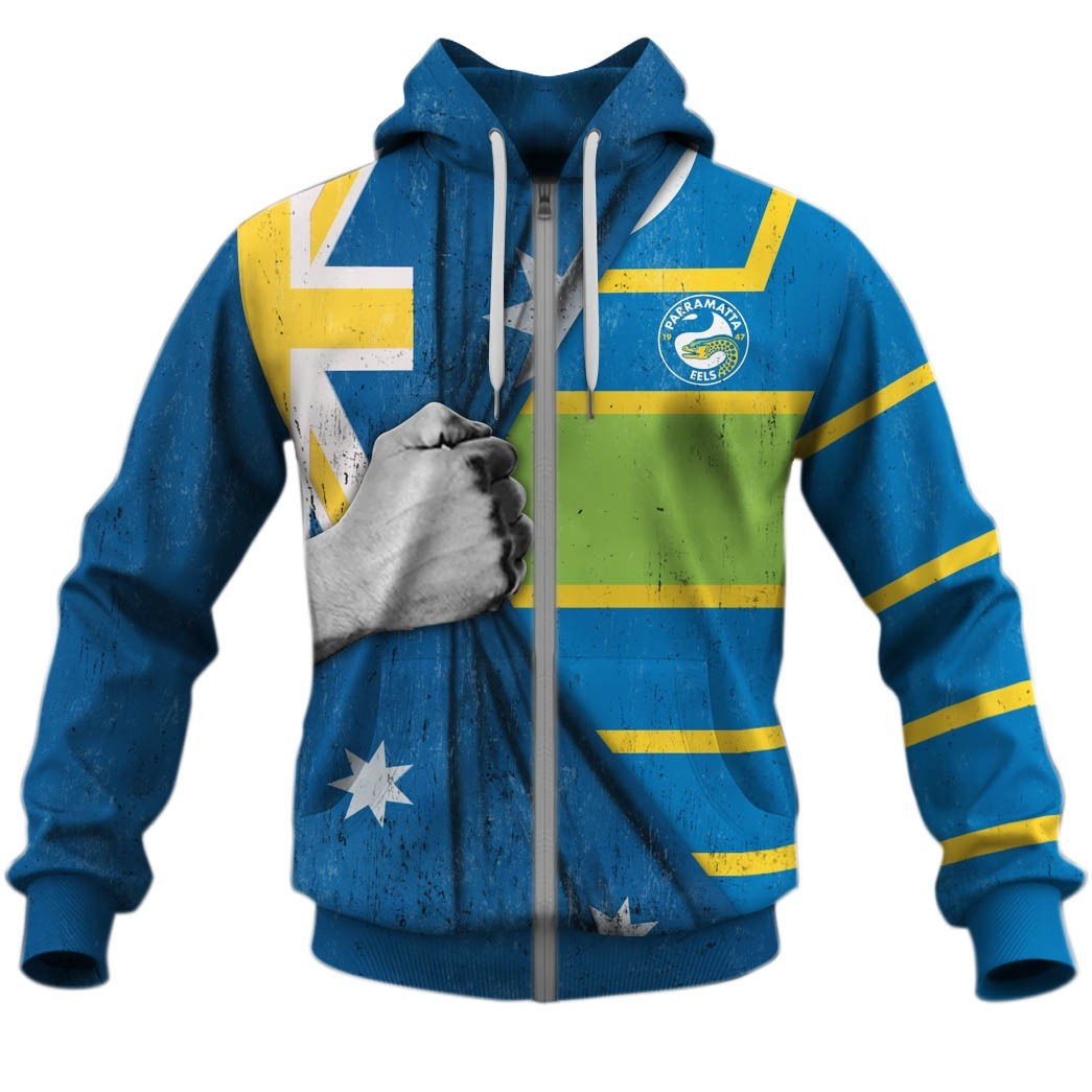 Nrl Parramatta Eels Custom Name Number Australian Flag Jersey Zip Up Hoodie