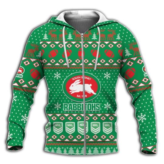 Nrl South Sydney Rabbitohs Christmas Style Zip Up Hoodie