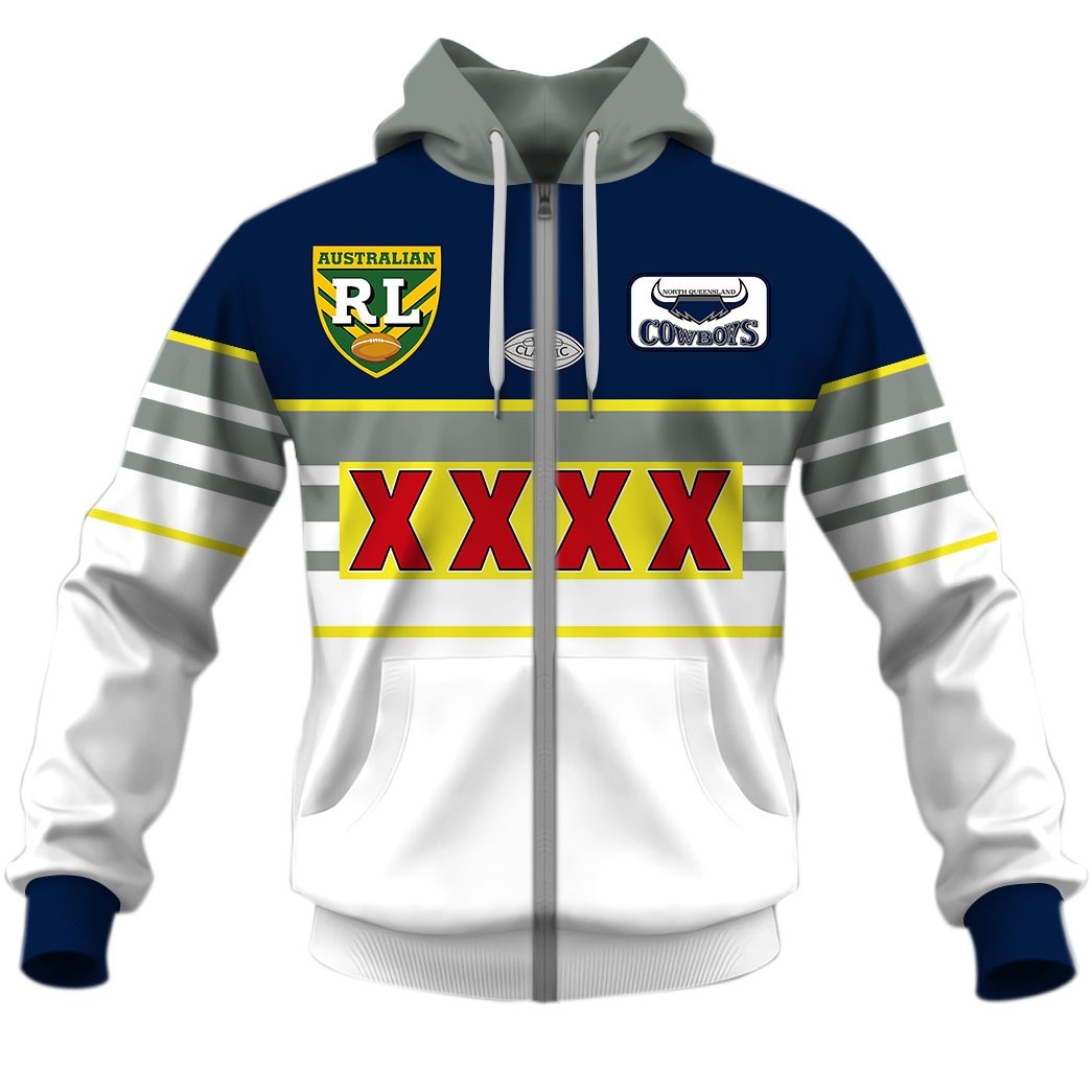 Nrl North Queensland Cowboys Custom Name Number 1995 Arl Nrl Vintage Retro Jersey Zip Up Hoodie