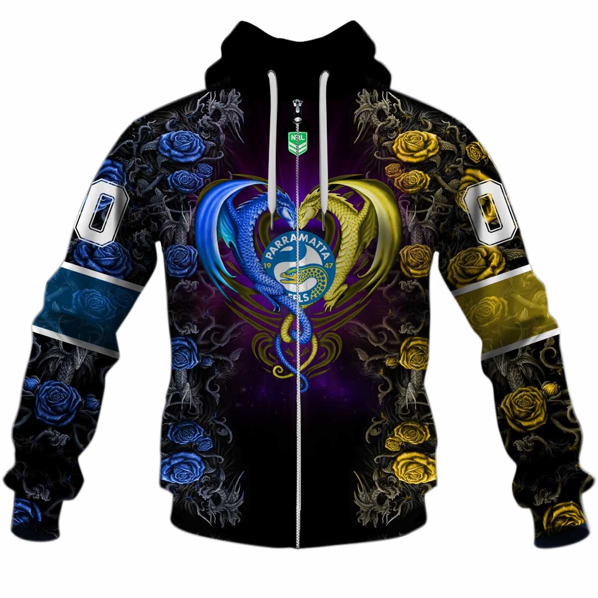 Nrl Parramatta Eels Custom Name Number Rose Dragon Zip Up Hoodie