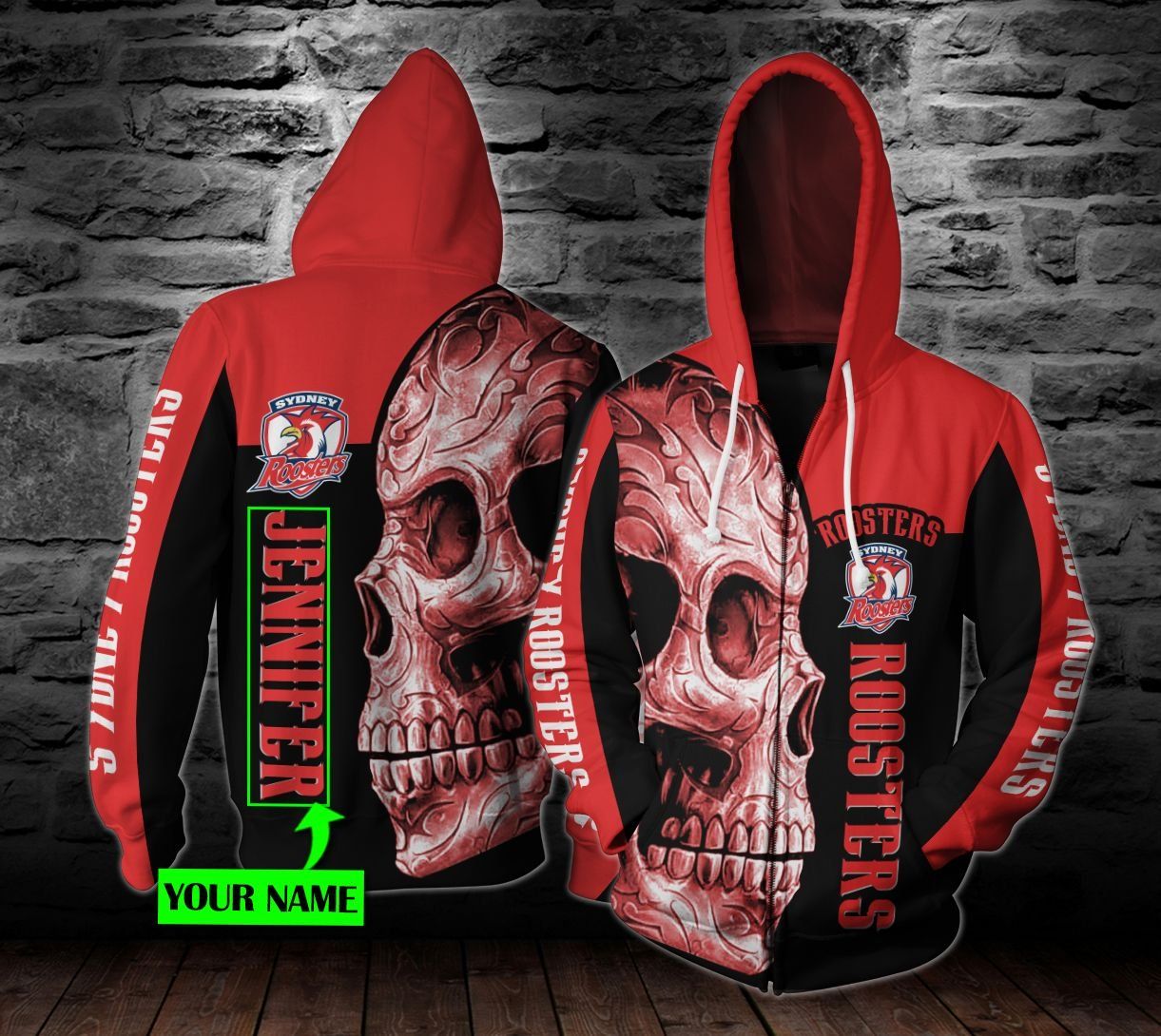 Nrl Sydney Roosters Custom Name Skull Zip Up Hoodie