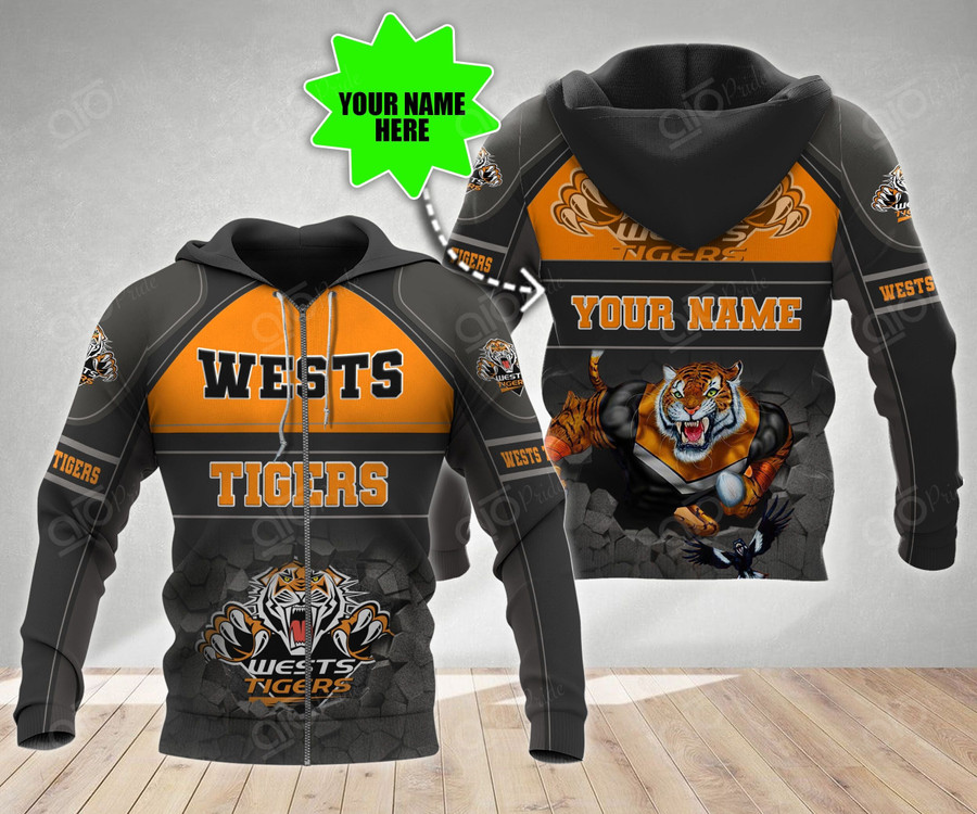 Nrl Wests Tigers Custom Name Mascot Zip Up Hoodie