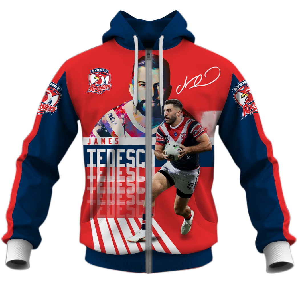 Nrl Sydney Roosters James Tedesco Zip Up Hoodie Custom Name Number
