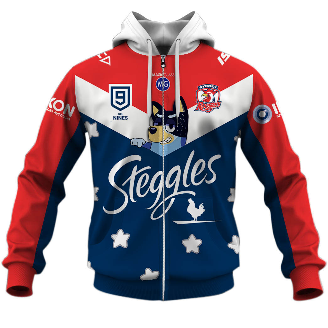 Nrl Sydney Roosters Custom Name Number X Bluey Jersey Zip Up Hoodie