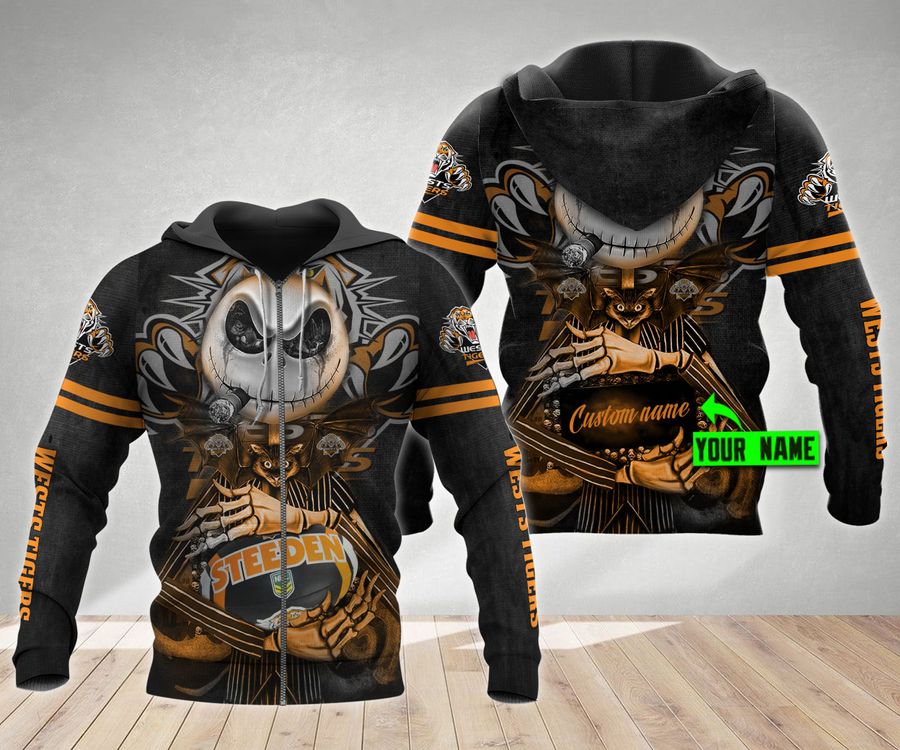 Nrl Wests Tigers Custom Name Jack Skellington Zip Up Hoodie