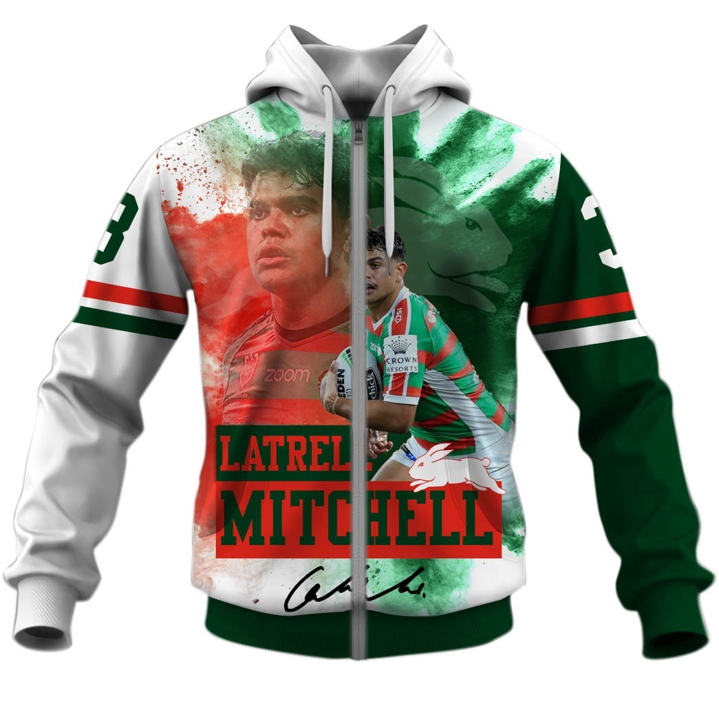 Nrl South Sydney Rabbitohs Latrell Mitchel Zip Up Hoodie Custom Name Number
