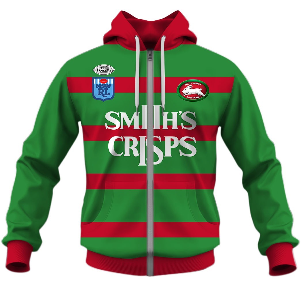 Nrl South Sydney Rabbitohs Custom Name Number 1989 Vintage Retro Jersey Zip Up Hoodie