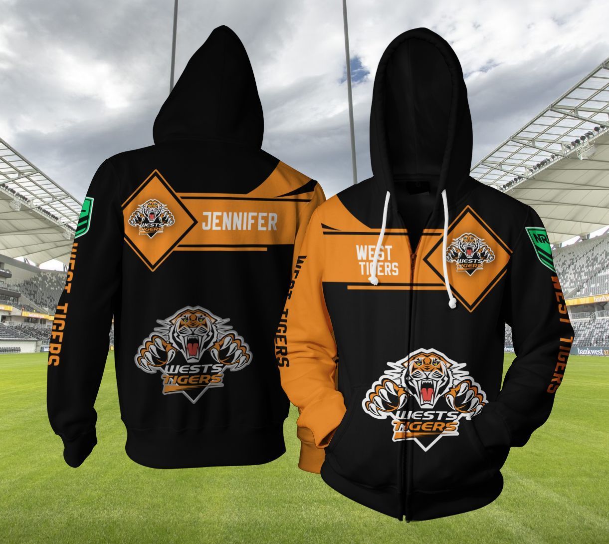 Nrl Wests Tigers Custom Name Gold Black Zip Up Hoodie