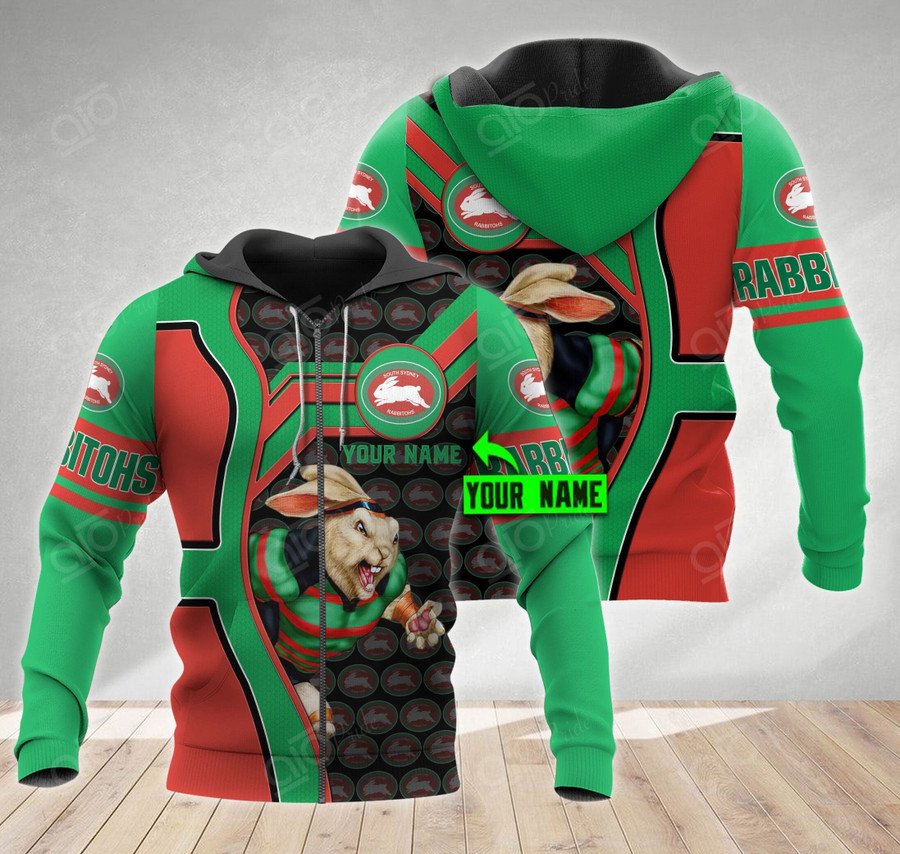 Nrl South Sydney Rabbitohs Custom Name Mascot Zip Up Hoodie