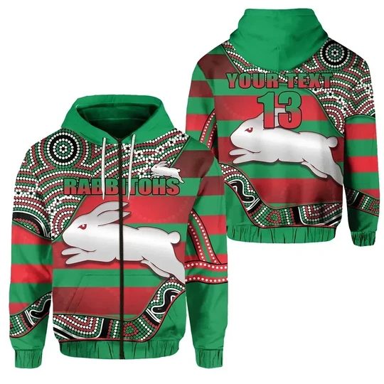 Nrl South Sydney Rabbitohs Custom Name Number Indigenous Charming Zip Up Hoodie