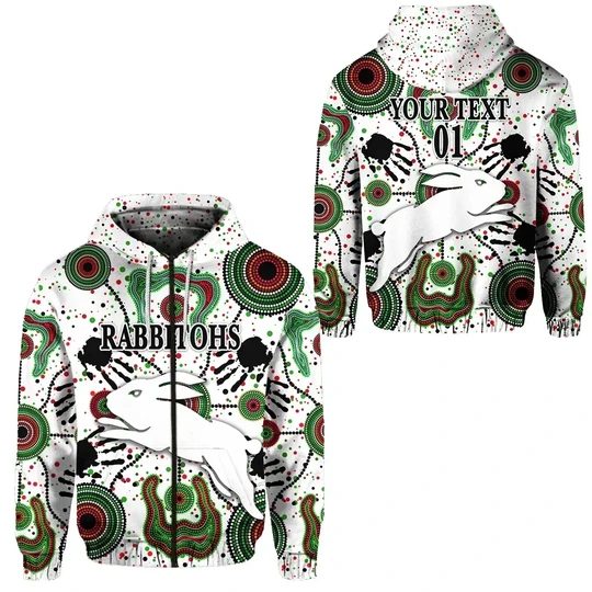 Nrl South Sydney Rabbitohs Custom Name Number Indigenous White Zip Up Hoodie