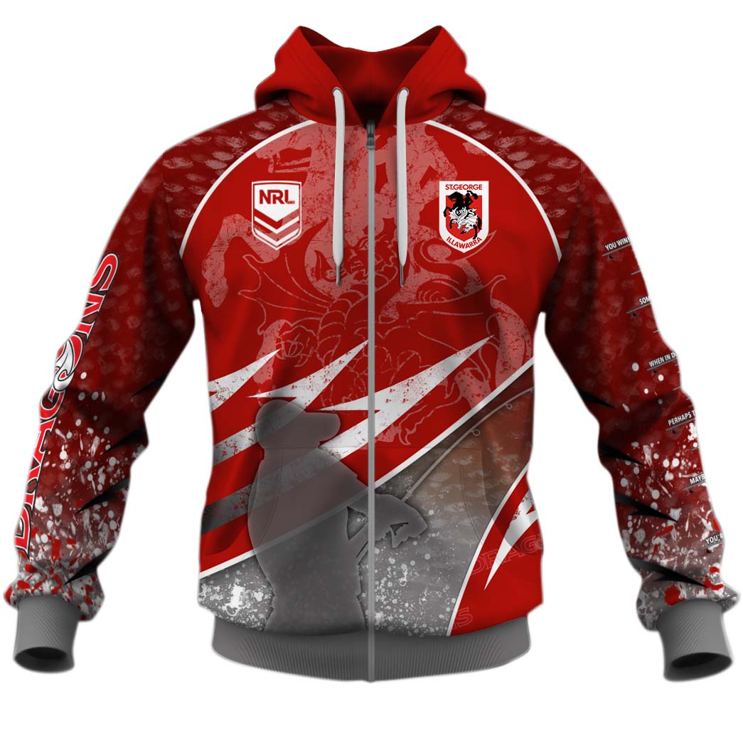Nrl St George Illawarra Dragons Custom Name Number Fishing Zip Up Hoodie