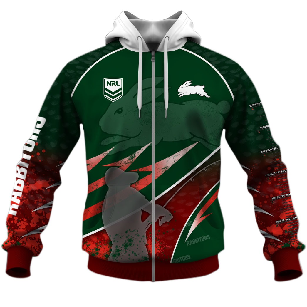 Nrl South Sydney Rabbitohs Custom Name Number Fishing Zip Up Hoodie