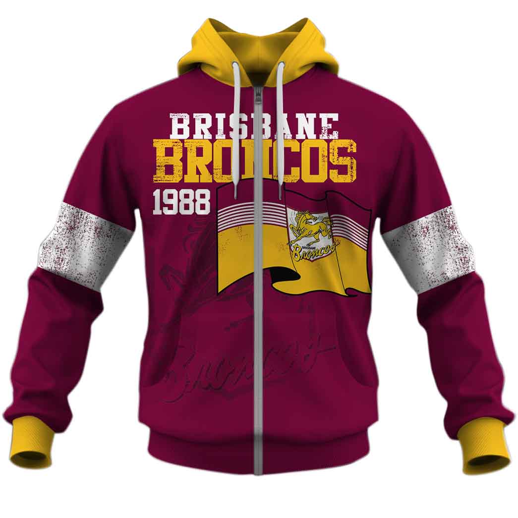 Nrl Brisbane Broncos Custom Name Number Retro Flag 1988 Jersey Zip Up Hoodie
