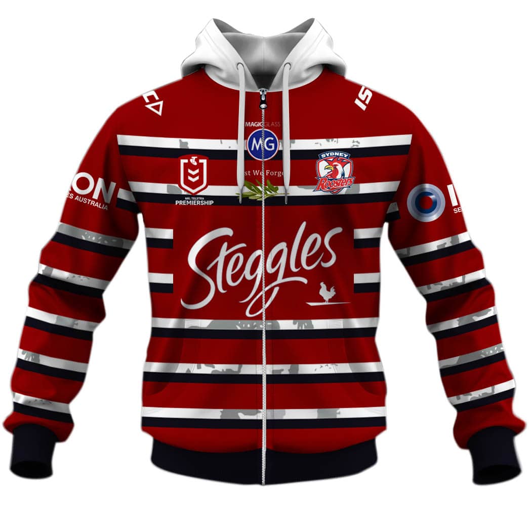 Nrl Sydney Roosters Custom Name Number Anzac Day Jersey Zip Up Hoodie