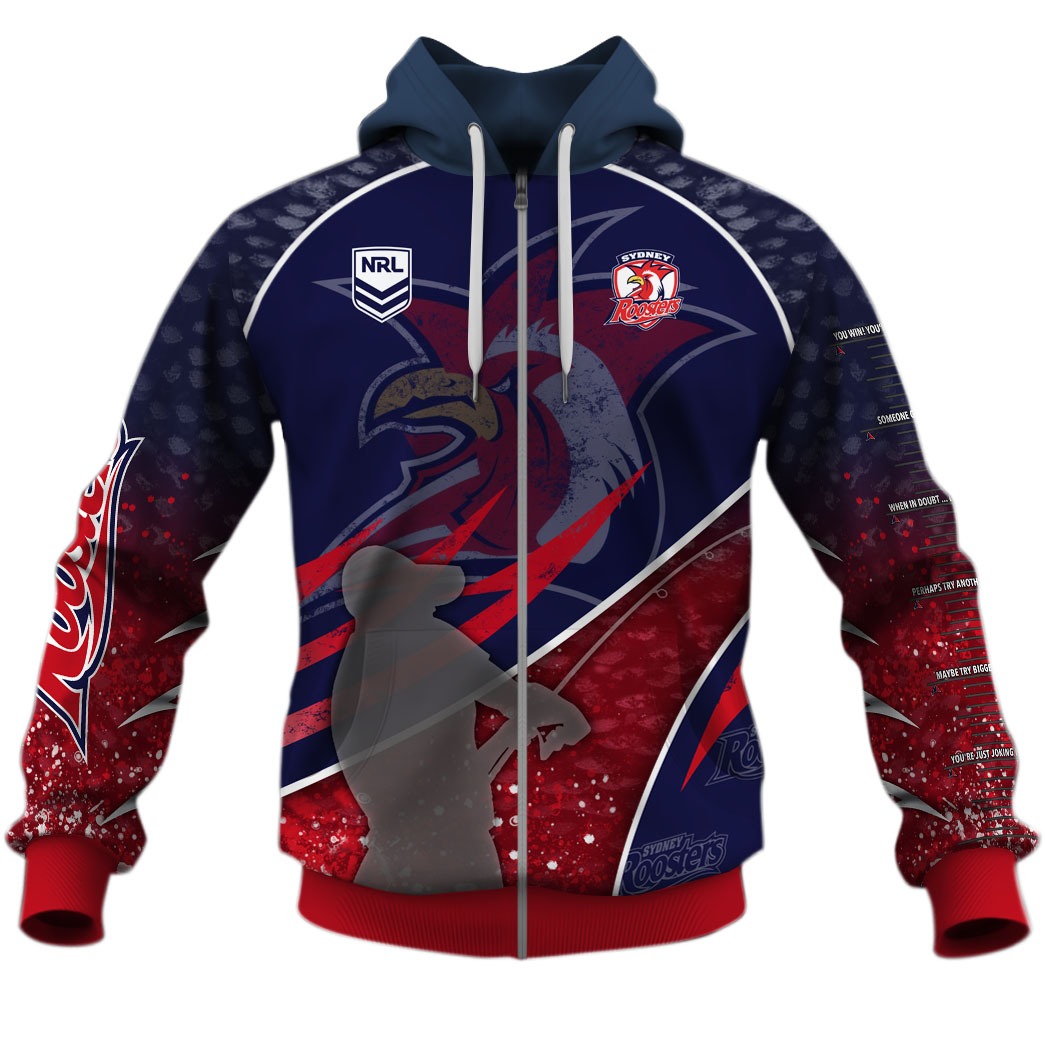 Nrl Sydney Roosters Custom Name Number Fishing Zip Up Hoodie