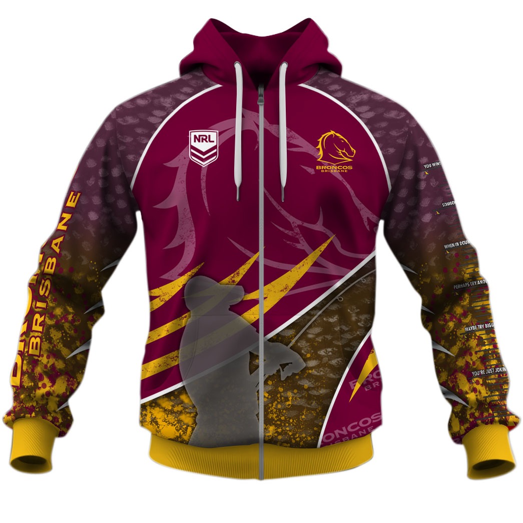 Nrl Brisbane Broncos Custom Name Number Fishing Zip Up Hoodie