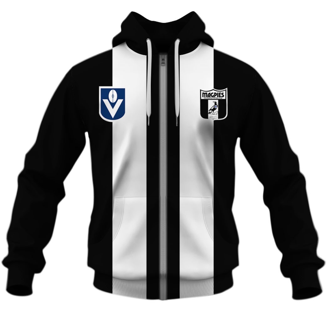 Afl Collingwood Magpies Custom Name Number 90S Vintage Retro Guernsey Zip Up Hoodie