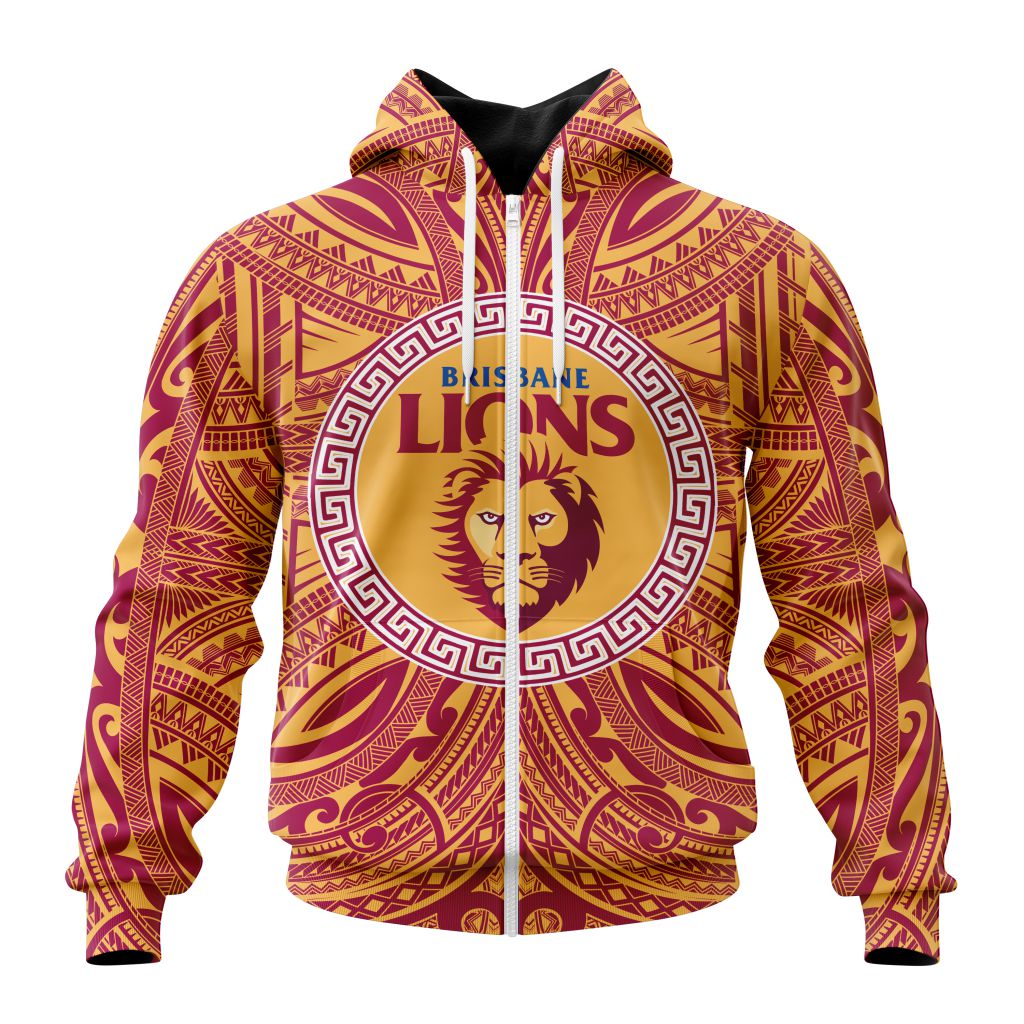 Afl Brisbane Lions Custom Name Number Polynesian Concept Zip Up Hoodie