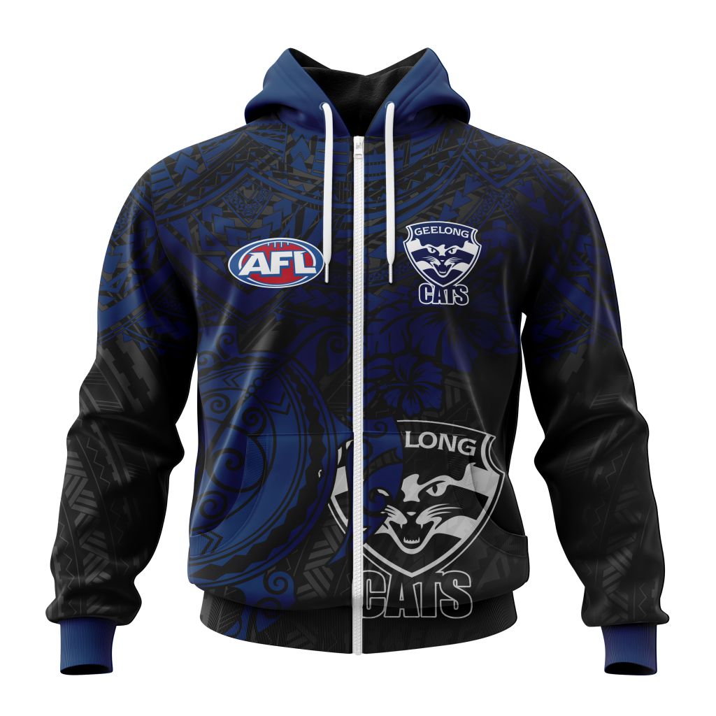 Afl Geelong Cats Custom Name Number Polynesian Concept Zip Up Hoodie