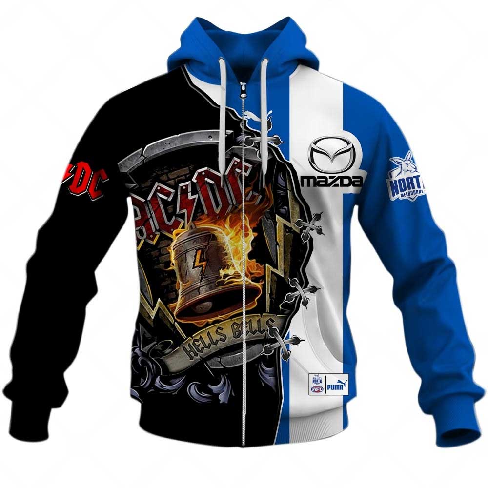 Afl North Melbourne Kangaroos Ac/Dc Mix Custom Name Number Home Guernsey Zip Up Hoodie